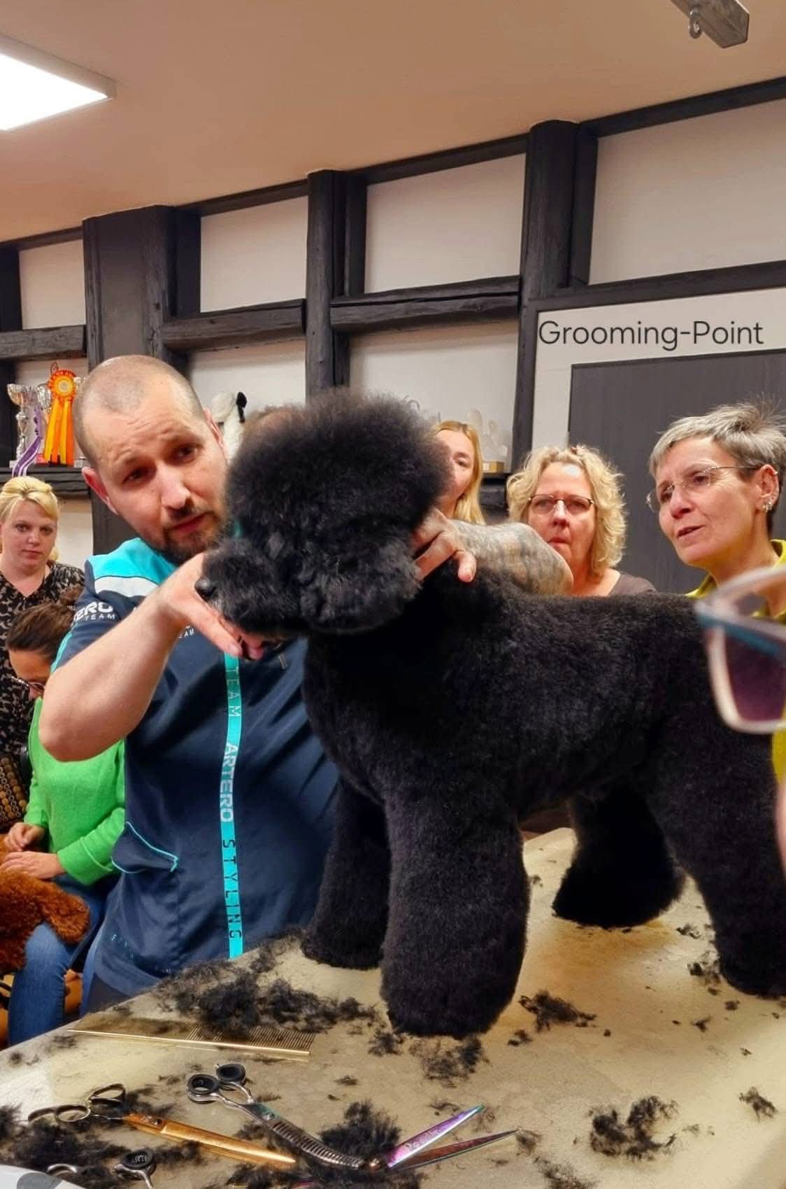 Costin Stoica presenting a freshly groomed black poodle to groomers gathered around the table at a seminar